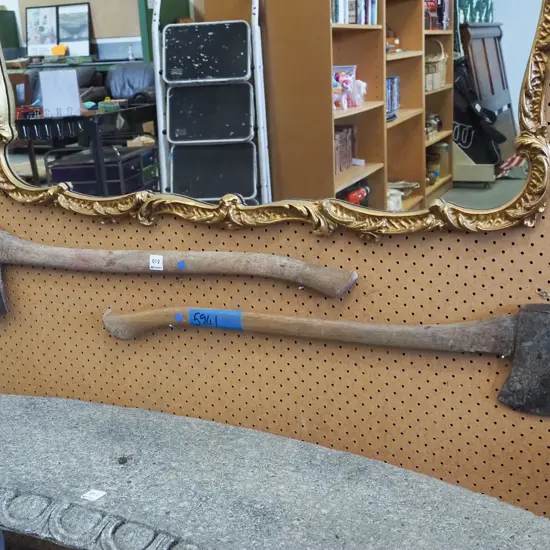 2x rusty axes - 1 has borer in handle - blue dots