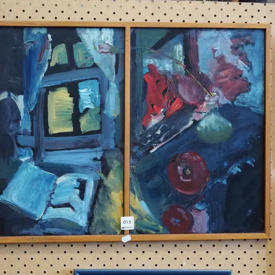 framed oil - still life in window