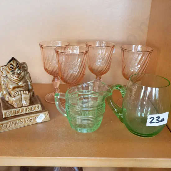 Billiken figurine, pink and green glass ware - glasses, jug
