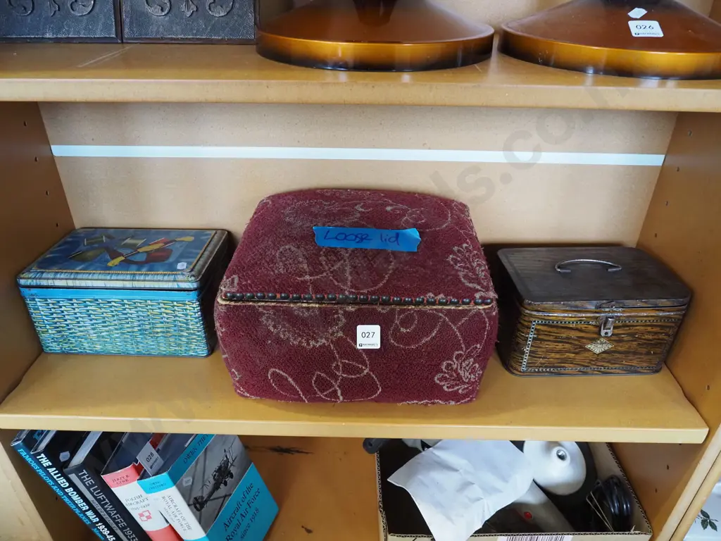 2x vintage tins, upholstered sewing box - loose lid Image 1++