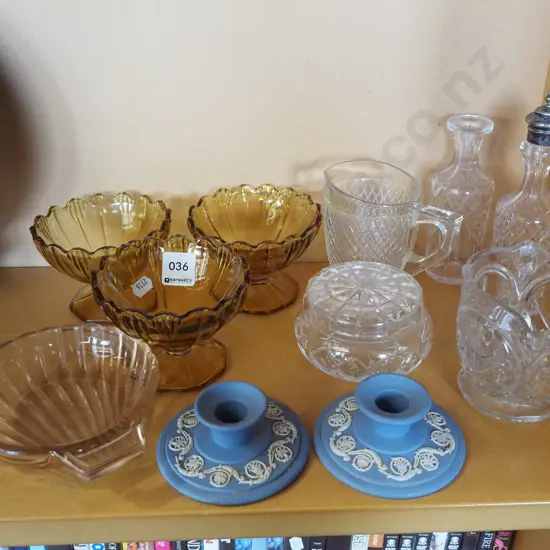 amber glass comports, jasperware candlesticks, jugs etc