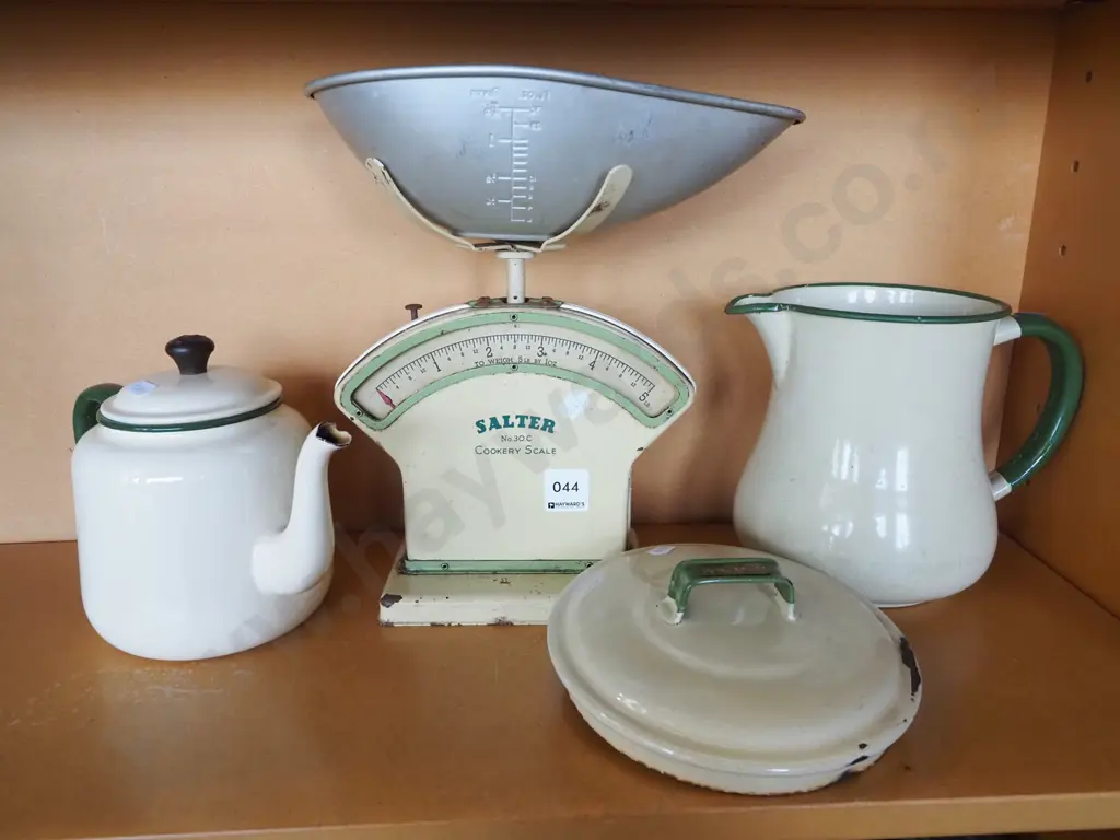 vintage Salter spring scales, enamel tea pot, jug, lid Image 1++