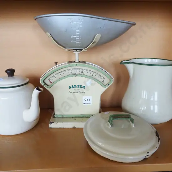 vintage Salter spring scales, enamel tea pot, jug, lid