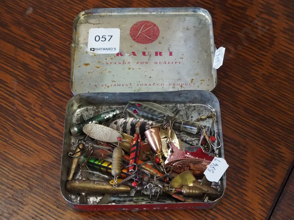 tobacco tin, vintage fishing lures Image 1++