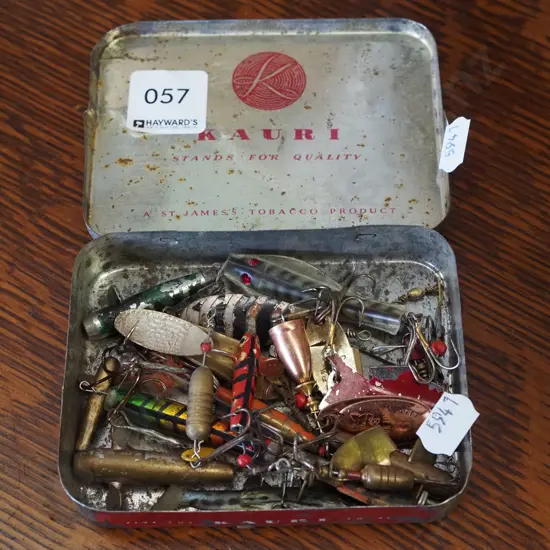 tobacco tin, vintage fishing lures