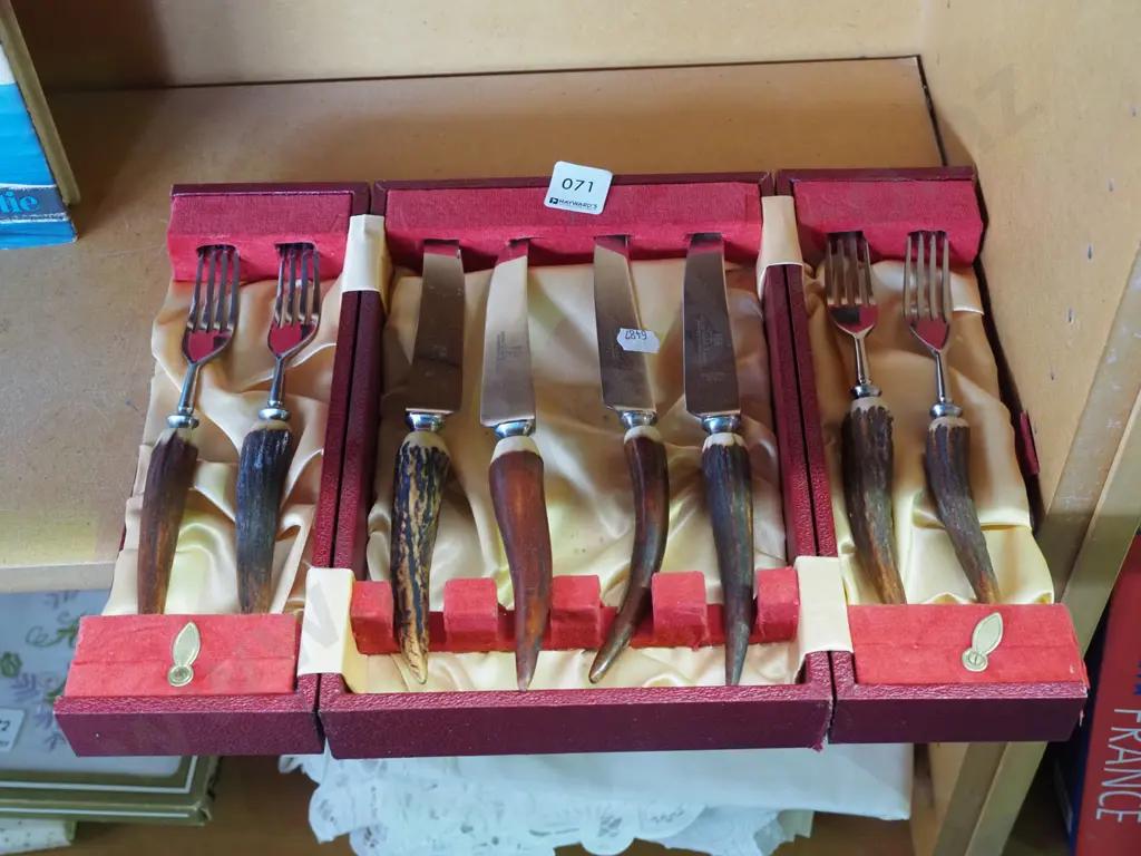 cased horn handled knife and fork set Image 1++