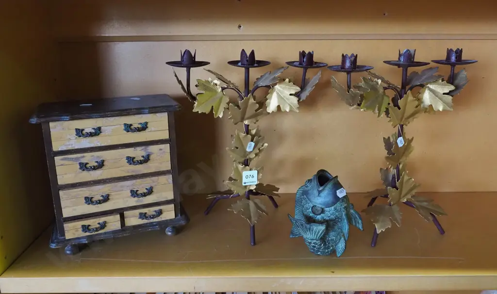 shelf; cast metal fish vase, decorative candelabra, small wooden jewellery chest H220 Image 1++