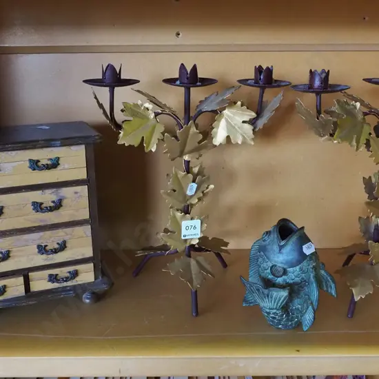 shelf; cast metal fish vase, decorative candelabra, small wooden jewellery chest H220