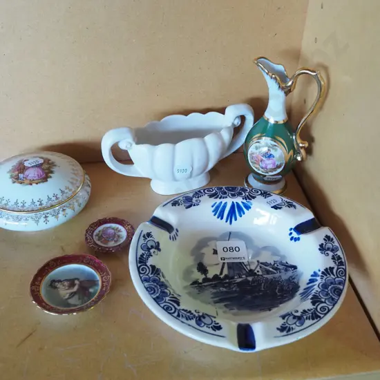 delft ashtray, small Wade vase, various Limoges items