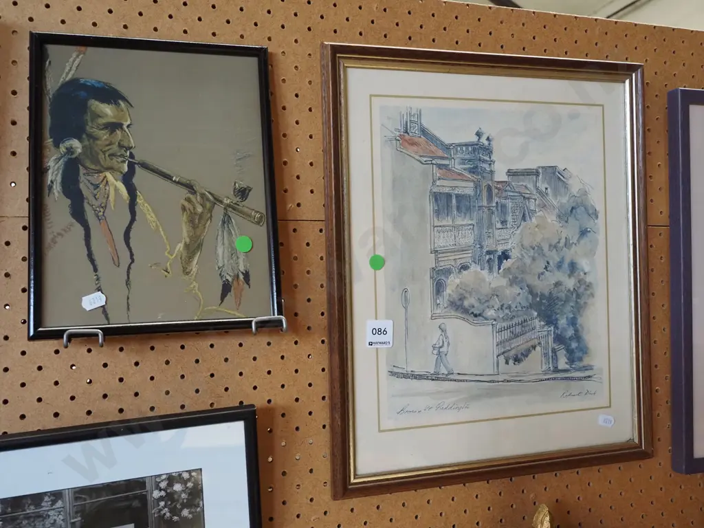 2x framed prints - Paddington London, First Nations pipe smoker - green dots Image 1++