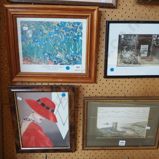 3x prints - lady, van Gogh, cat - blue dots