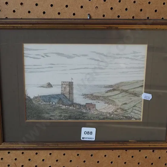 small framed signed print - coastal church