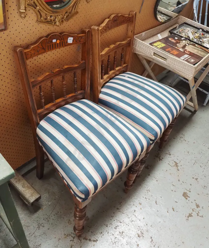 pair of Edwardian spindle back turned leg upholstered dining chairs - some staining to upholstery Image 1++