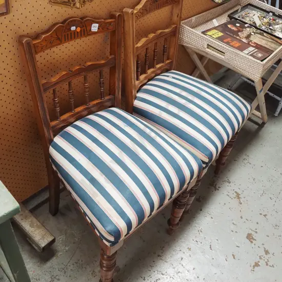 pair of Edwardian spindle back turned leg upholstered dining chairs - some staining to upholstery