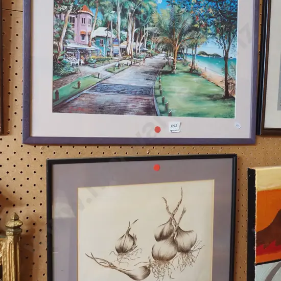 2x framed prints - beach street, onions - red dots