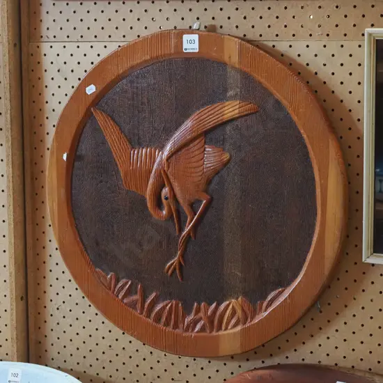 circular and carved pokerwork wooden wall charger - bird W500