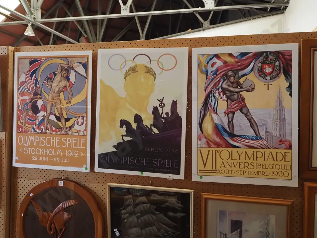 3x vintage Olympic poster prints on board - significant creasing - green dots Image 1++