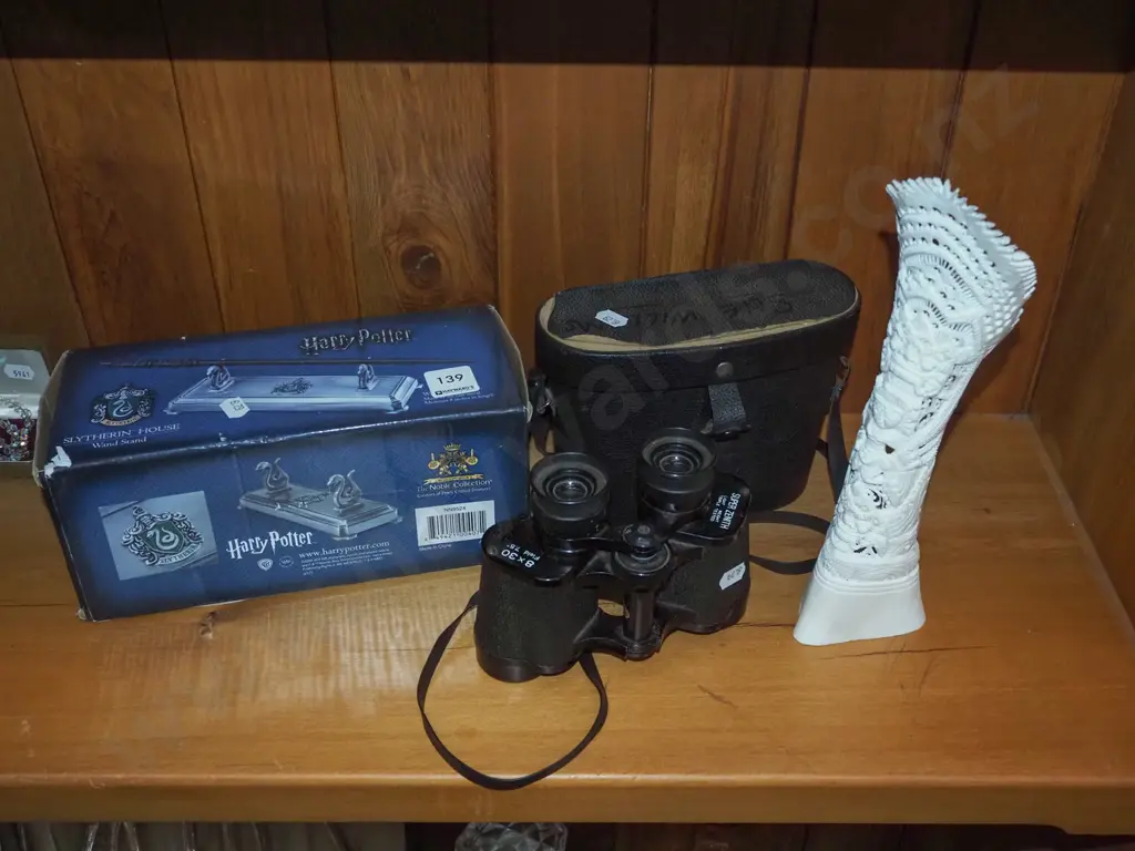 boxed Harry Potter wand stand, field binoculars, carved Indoesian bone vase Image 1++