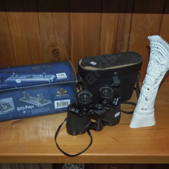 boxed Harry Potter wand stand, field binoculars, carved Indoesian bone vase