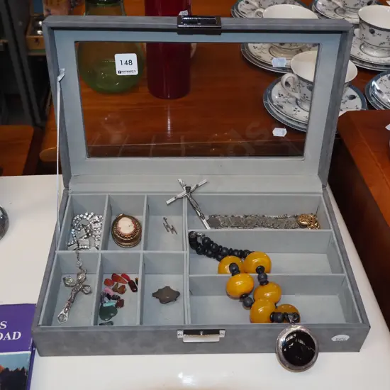 jewellery case and contents - crucifix, necklace etc