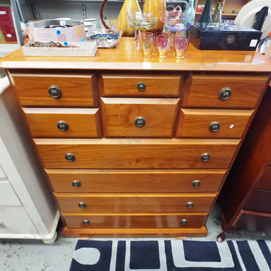 pine 10 drawer tall boy with cast brass drop handles - excellent condition H1090 W1000 D425