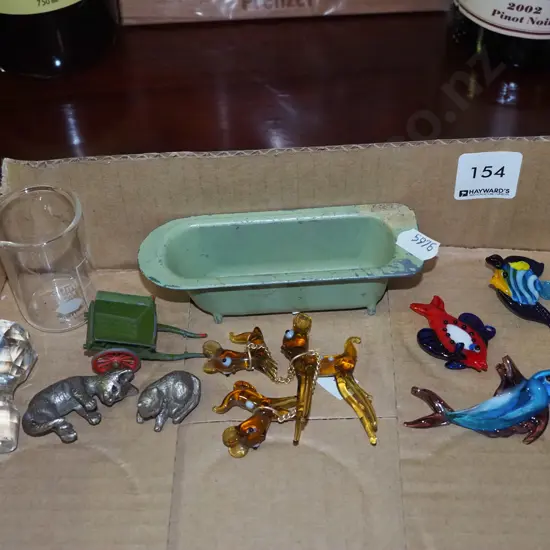 box; glass fish, cast metal dollshouse bath, stopper etc