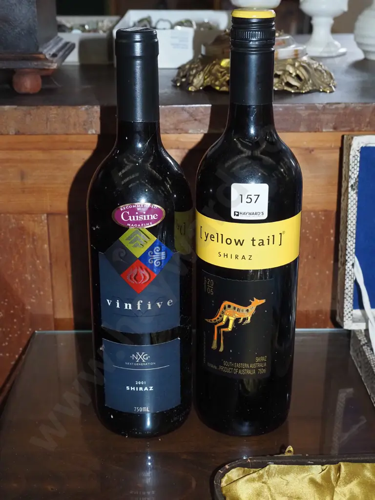 2x bottles of red wine; Vin Five 2001 shiraz, Yellow Tail 2006 shiraz Image 1++