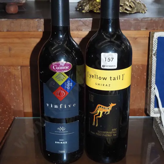2x bottles of red wine; Vin Five 2001 shiraz, Yellow Tail 2006 shiraz
