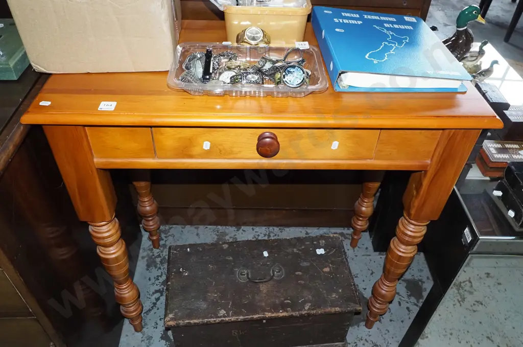 turned leg solid rimu reproduction single drawer hall table H780 W800 D400 Image 1++