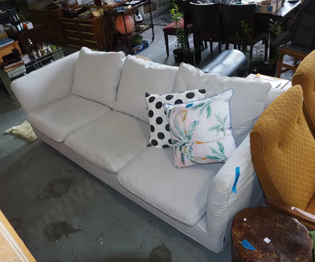 contemporary cream linen upholstered chesterfield 3 seater settee with cushions H780 W2400 D1000 Image 1++