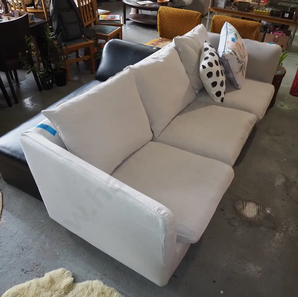 contemporary cream linen upholstered chesterfield 3 seater settee with cushions H780 W2400 D1000 Image 1++