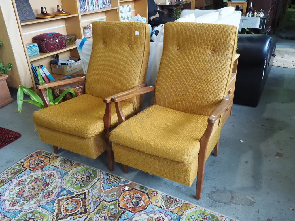 pair of mid century upholstered and mahogany armchairs - upholstery needs attention Image 1++