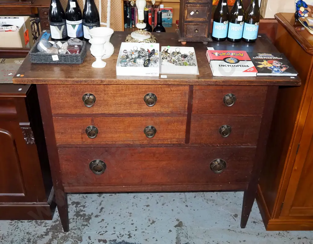 arts and craft oak and rimu 4 drawer chest with brass drop handles - some signs of borer in back Image 1++