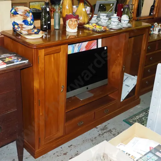 large solid rimu entertainment unit with 2 drawer, 1 solid door, CD storage, glazed door H1130 W1700 D550