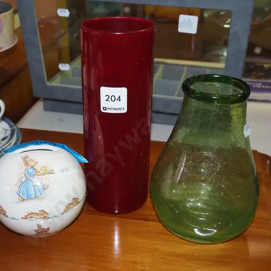 2x glass vases, bunnykins money box - missing plug Vase H210