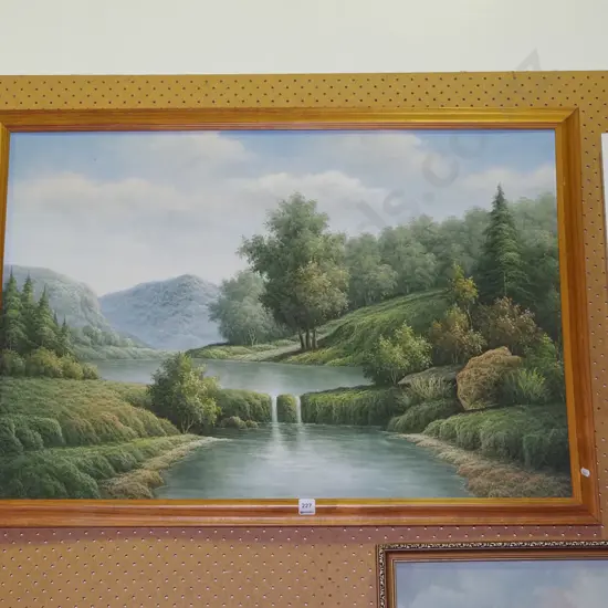 framed oil on board - pond and country side scene