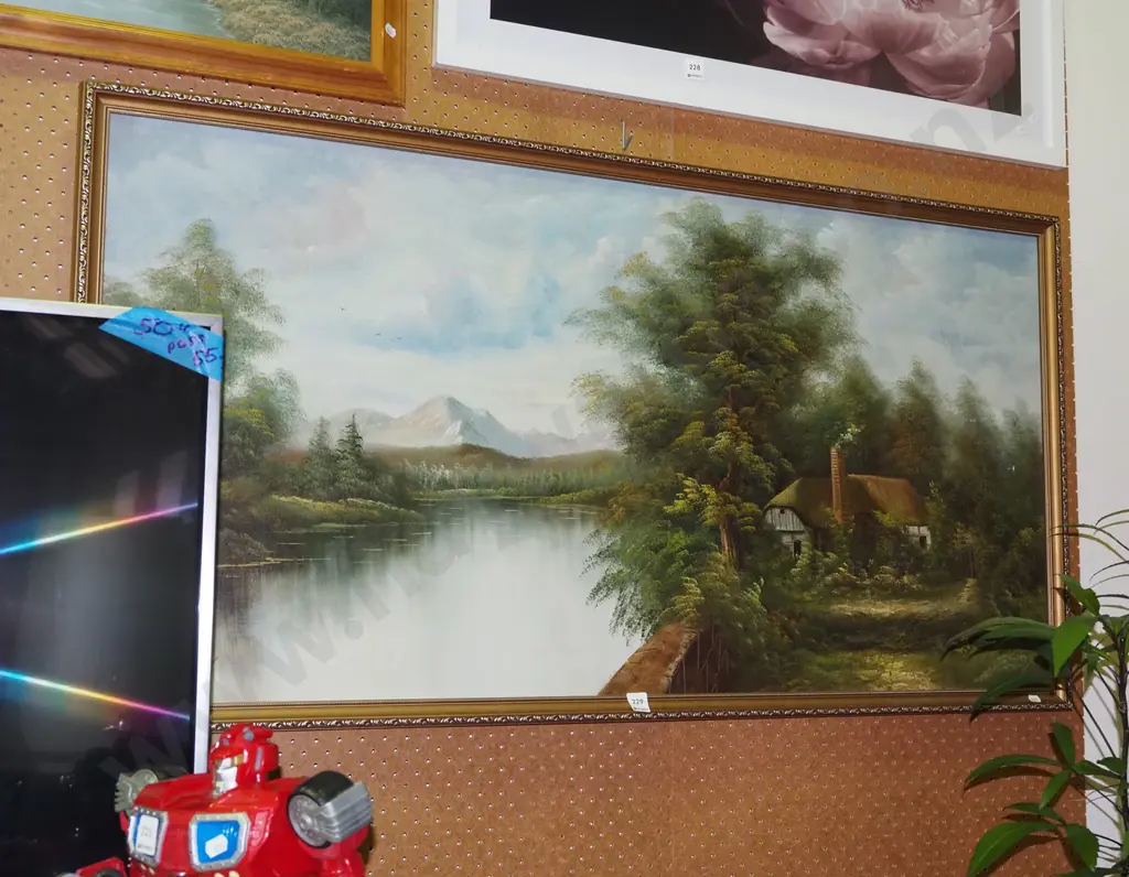 framed oil on board - cottage by lake Image 1++