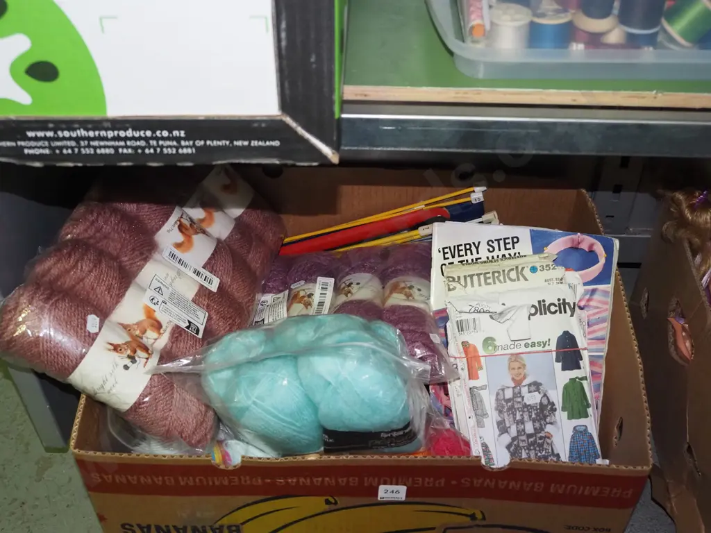 box; knitting yarns, sewing patterns, needles etc Image 1++