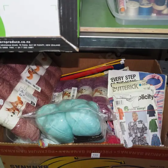 box; knitting yarns, sewing patterns, needles etc
