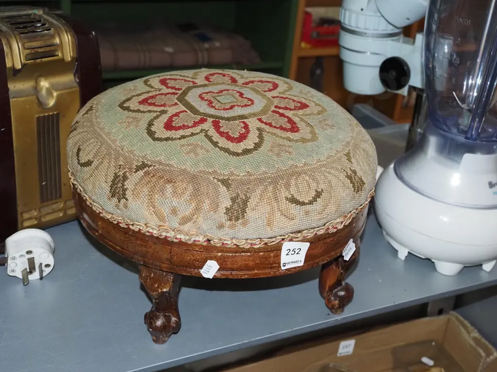 mahogany cab leg needlework covered footstool Diam330 Image 1++