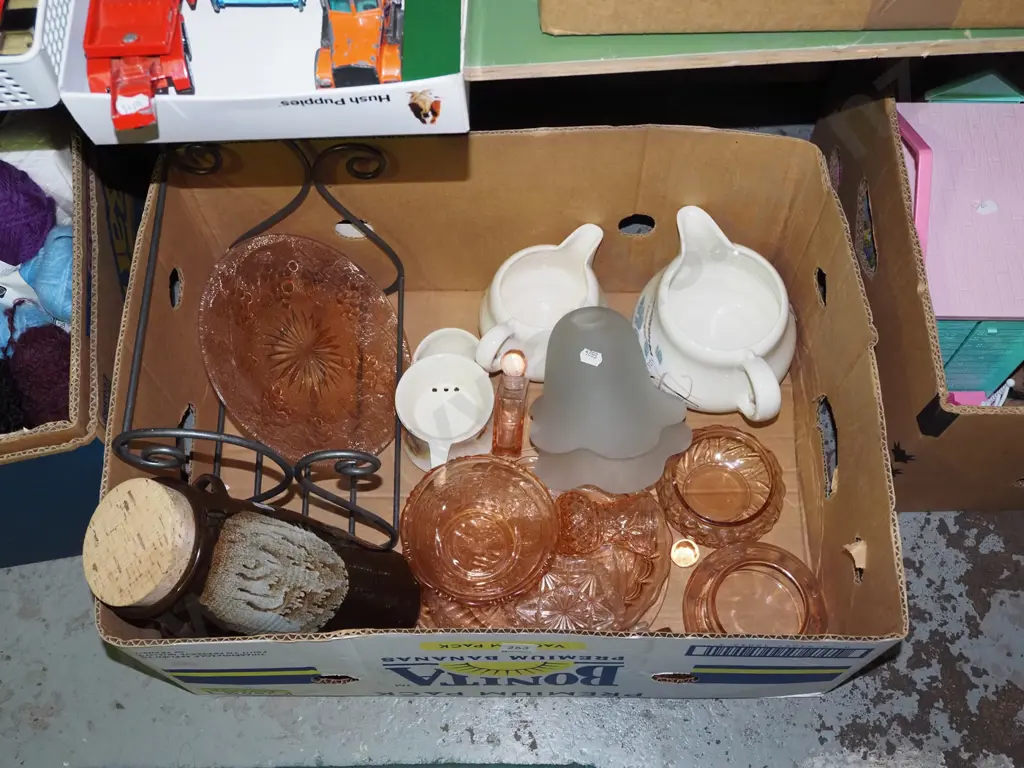 box; pink glass ware, light shades, jugs etc Image 1++