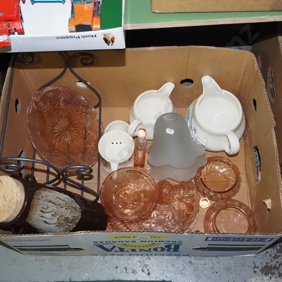 box; pink glass ware, light shades, jugs etc
