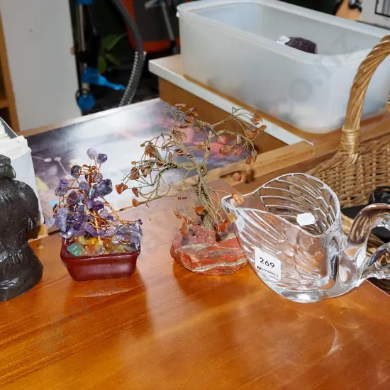 glass swan, bird figurines, 2x polished stone tree ornaments Bird H140