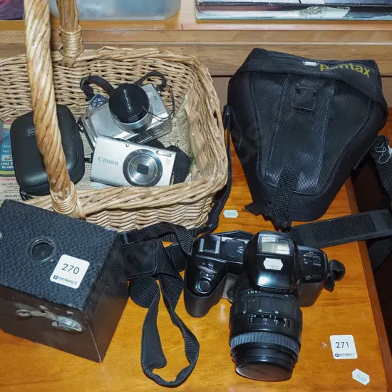 cameras; Pentax Z70, boxed Brownie, Cannon and Olympus digital cameras etc