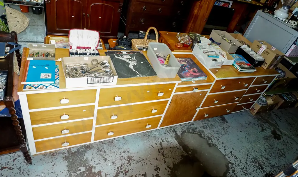 very large mid century sideboard with 1 door and 15 drawers H760 W2530 D450 Image 1++