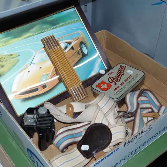 box; Ferrari print, first aid kit etc