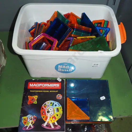 plastic tub of magformers toys with instruction booklet