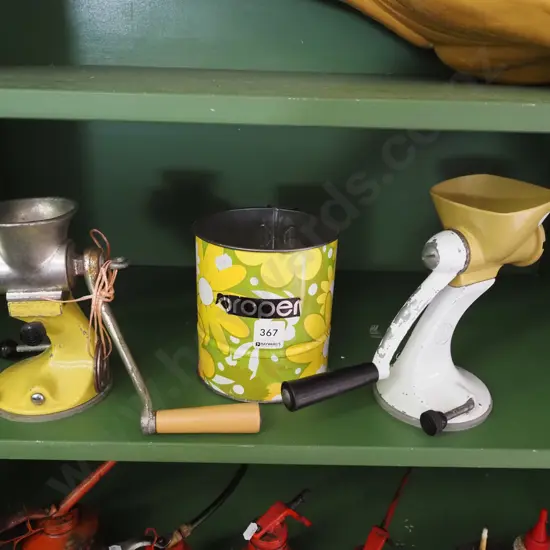 2x bench top mincers, flour sifter