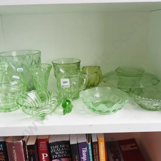 green glassware; bowls, jugs etc