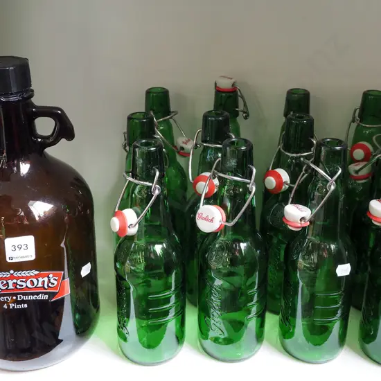 beer bottles: Emerson's 4 pint flagon / rigger and 12 Grolsch self-sealing bottles